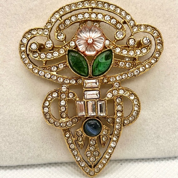 SUPER‎ RARE Stunning Large Art Deco Vtg Green Pink Rhinestone Flower Brooch Pin